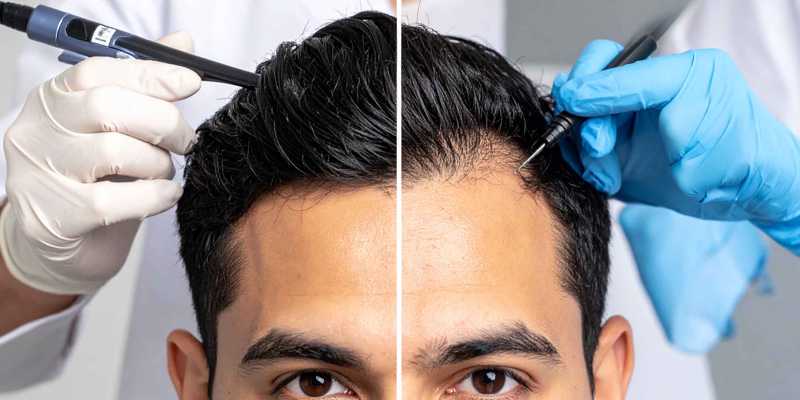 Der Kopf eines Mannes. Zwei Teile eines Bildes. Eine Seite für DHI und auf der anderen Seite FUE.