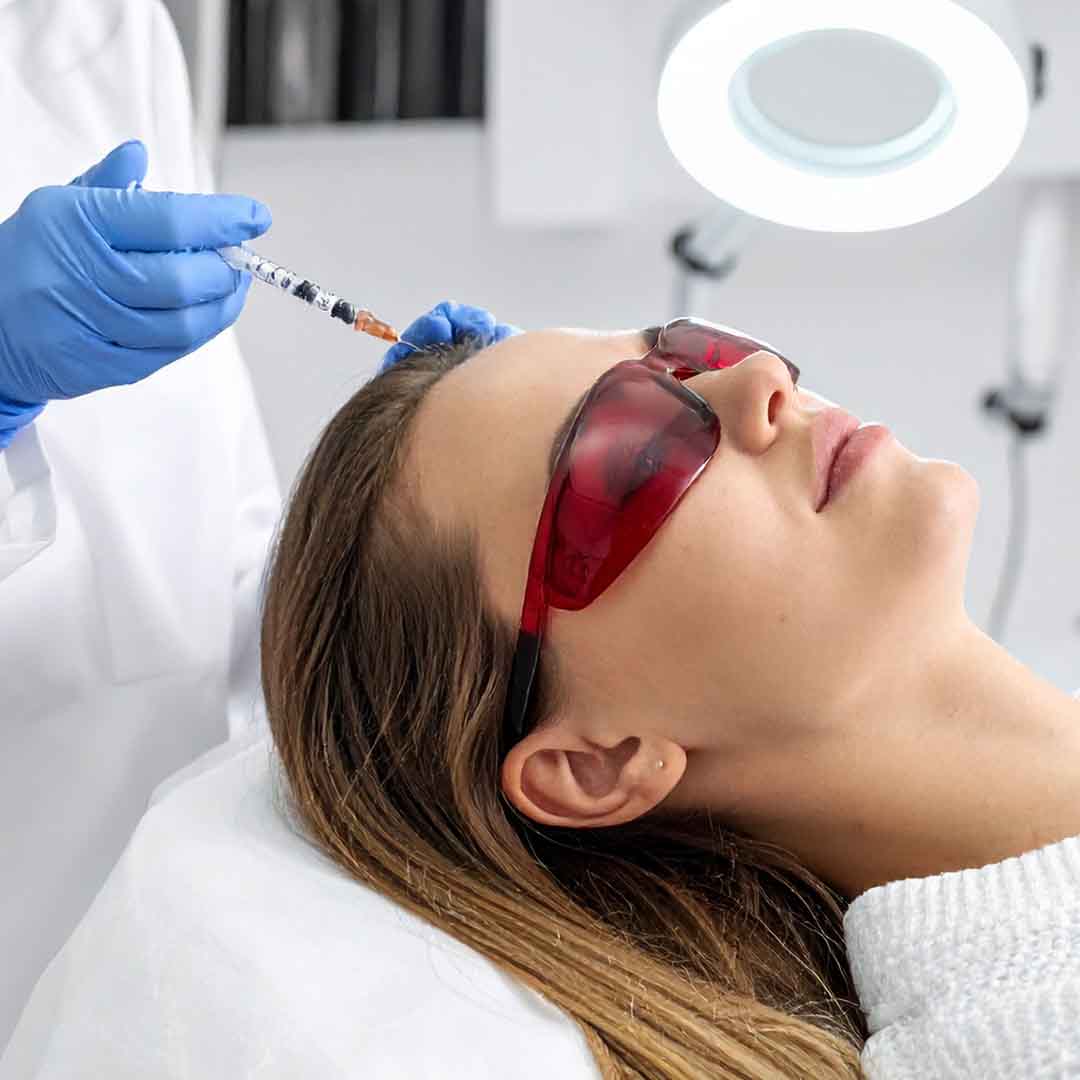 Frau liegt auf dem Rücken und bekommt eine PRP Behandlung.