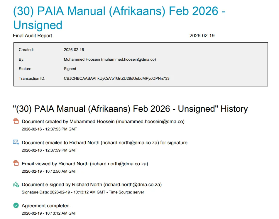 PAIA Manual Afrikaans Revision History