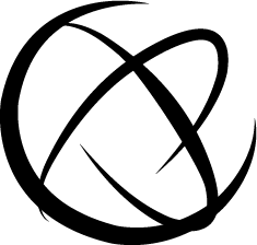 Abstract black circular logo with intersecting curved lines.