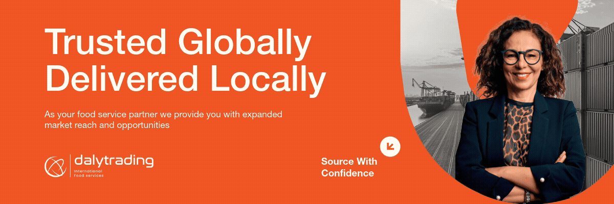 Banner with text 'Trusted Globally Delivered Locally' and a smiling woman with glasses and curly hair standing with arms crossed next to shipping containers and cranes in the background.