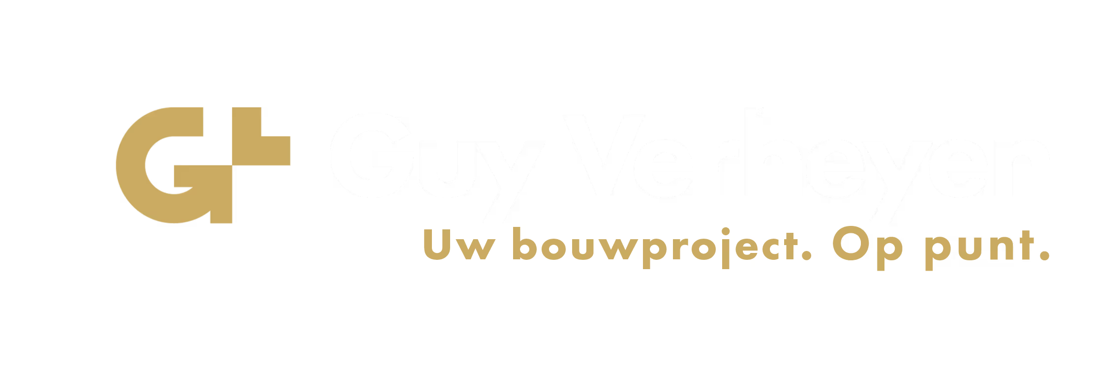 Guy Verheyen logo with gold stylized 'GV' and slogan 'Uw interieur. Op punt.' in gold and white text on black background.