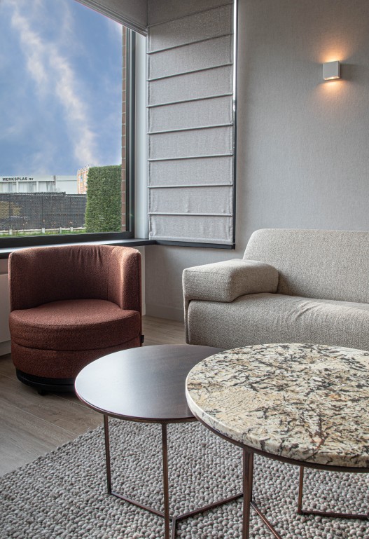 Zithoek met roestbruine fauteuil en marmeren bijzettafel