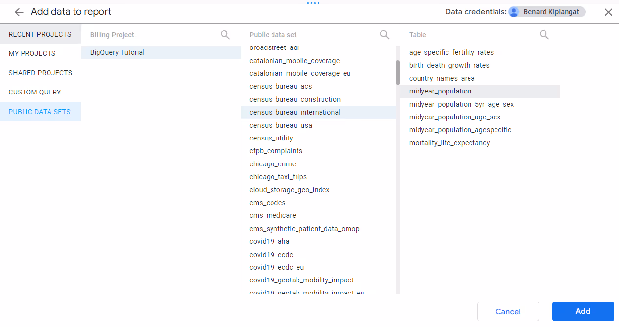 You can get BigQuery data directly from your listed projects, shared projects, custom query, or public datasets.