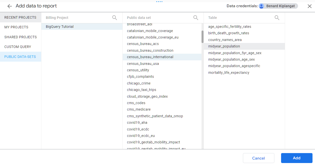 You can get BigQuery data directly from your listed projects, shared projects, custom query, or public datasets. 