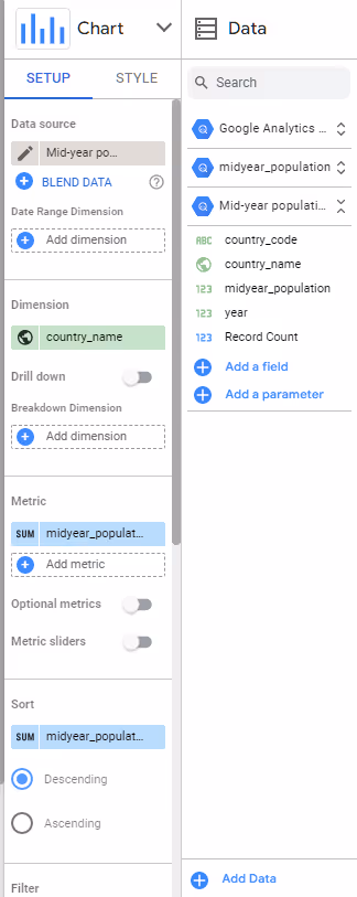 In Looker Studio you can choose to blend your data with other data sources and visualize them in charts.