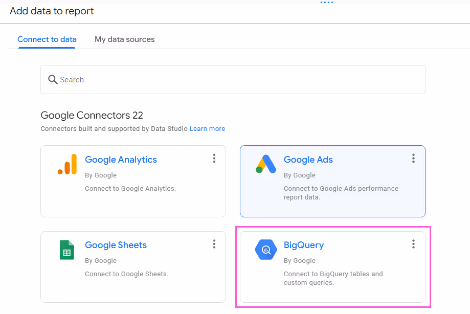 You can find BigQuery in the connectors list in Looker Studio.