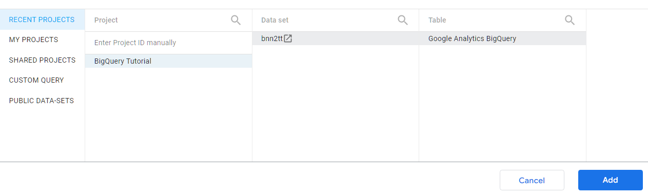In Looker Studio select the BigQuery project having the tables you want to use. 