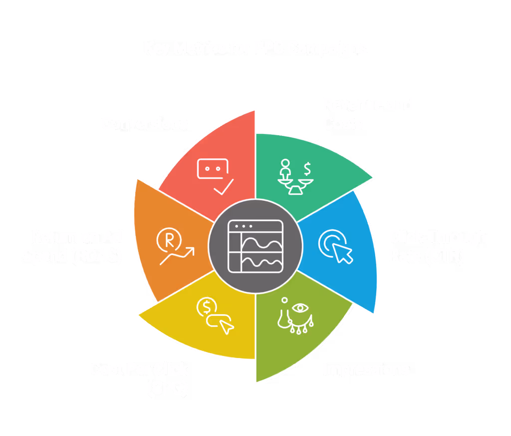 Marketing KPIs may include Revenue and Costs, Click-Through Rate (CTR), Impressions, Cost Per Click (CPC), Return on Ad Spend (ROAS), Conversions. 
