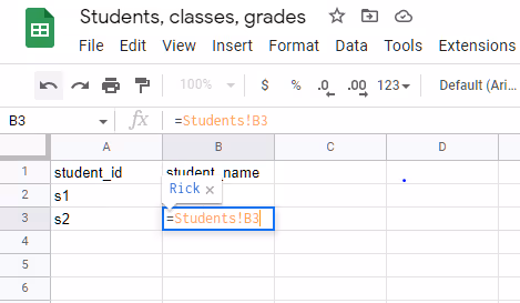 The =sheetName!CellReference formula helps import Google Sheets data of a cell value from a cell in other sheets (tabs) on the same document.