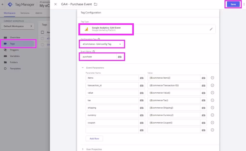 Follow these steps to add a purchase event in Google Tag Manager.