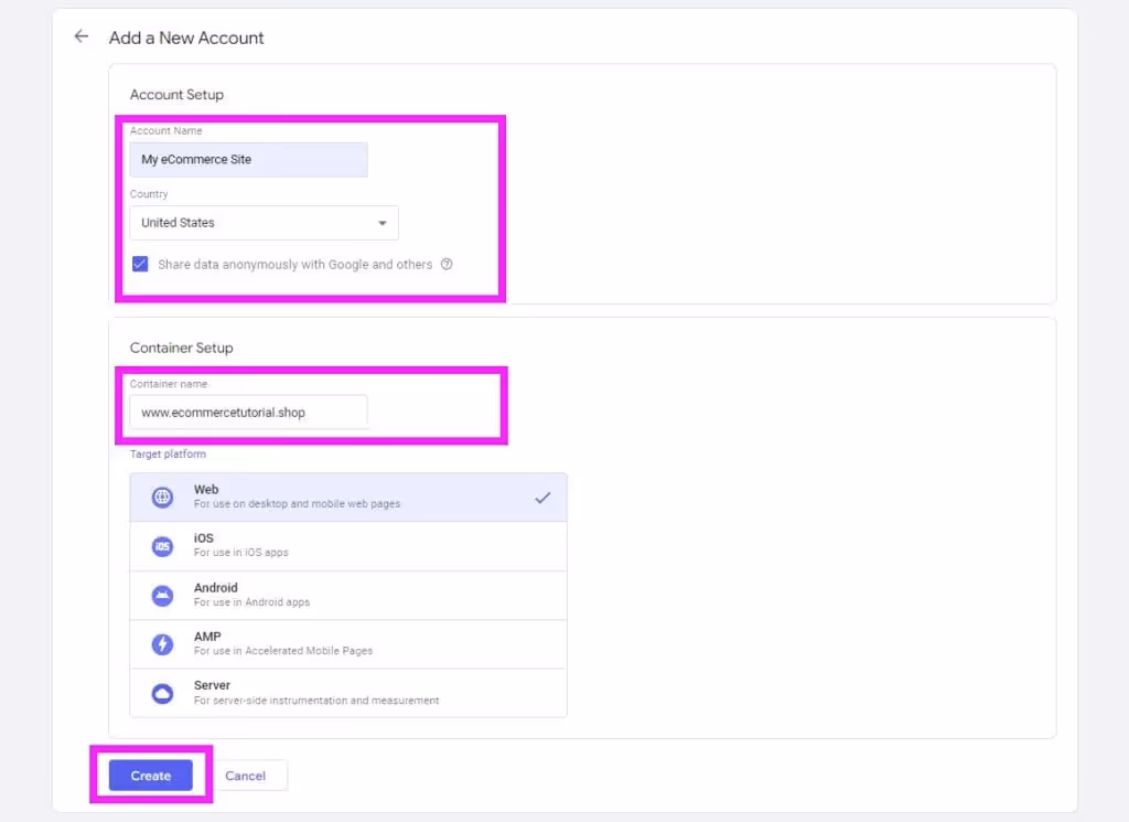 If this is your first time using GTM, create a new account and a container from the Google Tag Manager homepage.