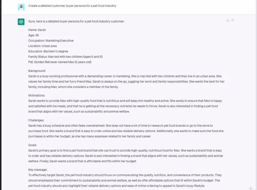 With Chat GPT you can create a detailed customer buyer persona for a customer in your niche.