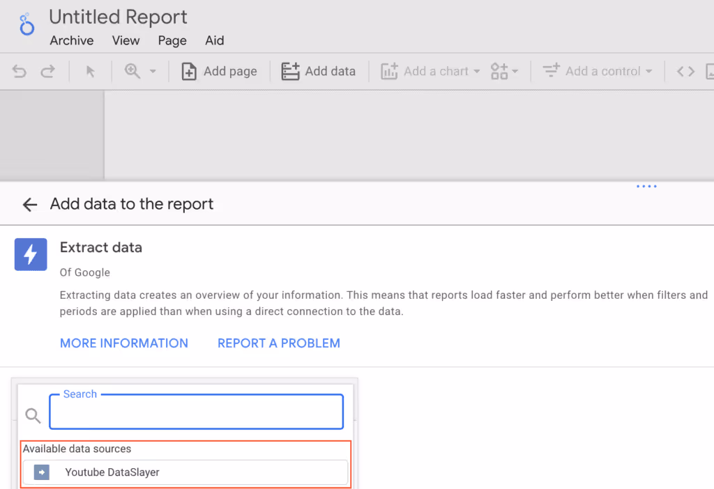 Add DataSlayer data source to your Looker Studio report from the available data sources menu.