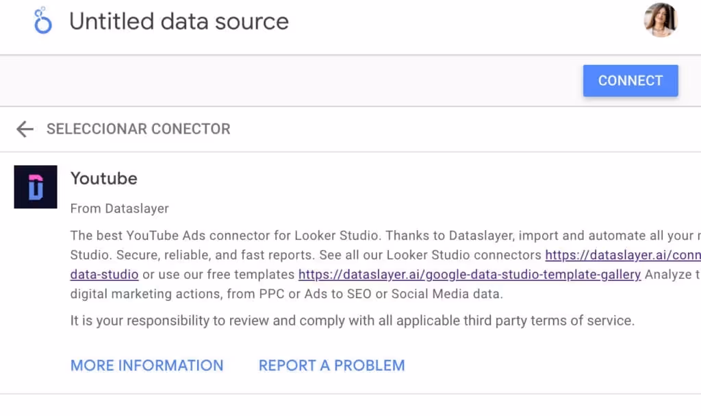 The second step to connect a Dataslayer data source to Google’s Extract Data connector for your Looker Studio report is to adjust the connection parameters and click ‘Connect’.