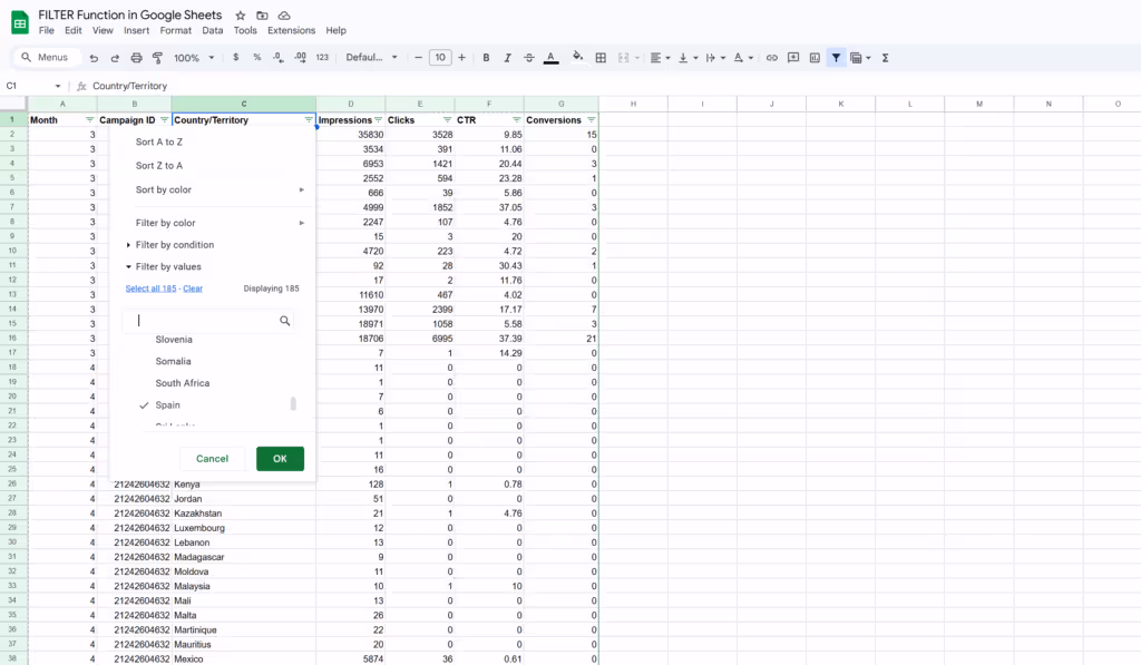 FILTER function in Google Sheets