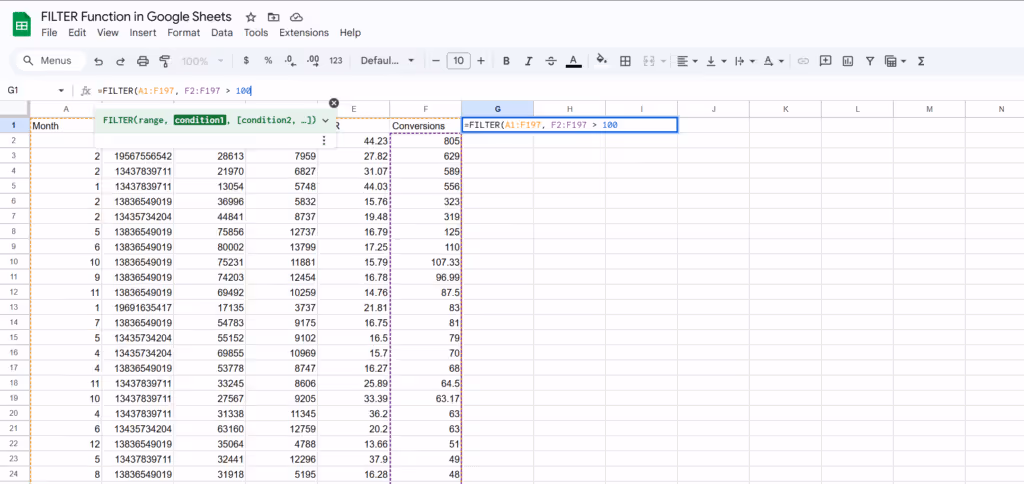 FILTER function in Google Sheets