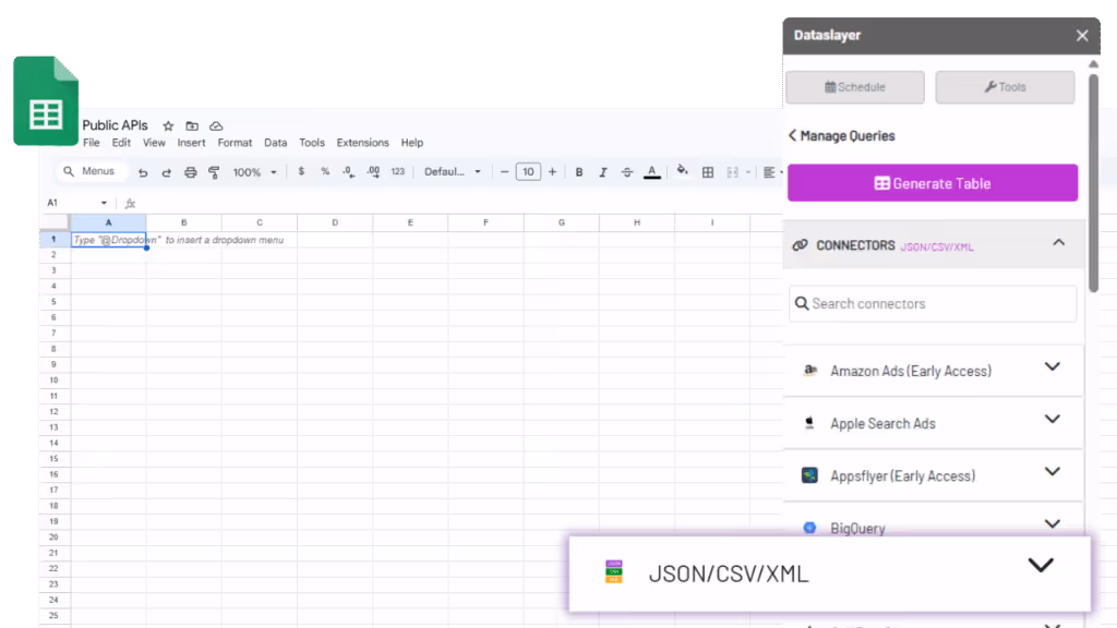 Connect Public APIs to Google Sheets with Dataslayer JSON connector