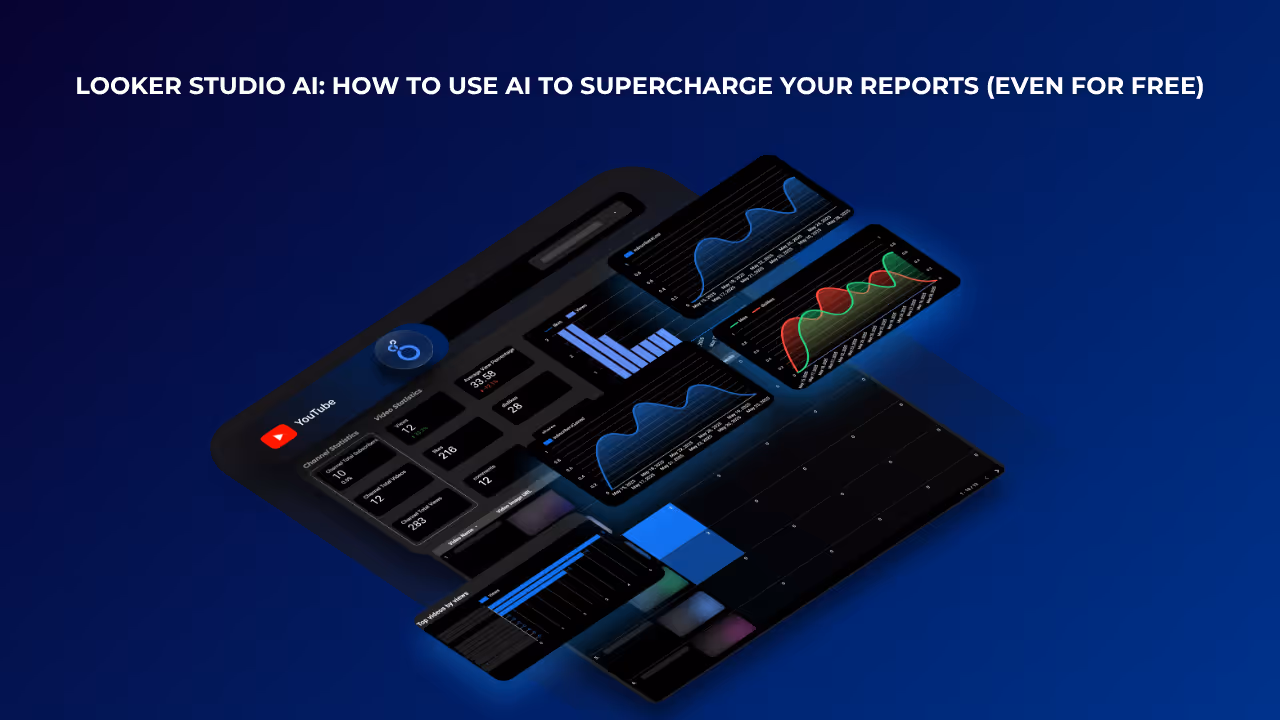 Visual concept of AI-enhanced dashboards, representing how Looker Studio AI and free tools can supercharge your reporting workflow
