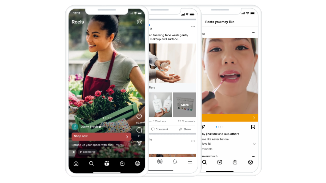 Ejemplos de formatos de anuncios en Meta, incluyendo Reels, carruseles y anuncios en video dentro del feed de Facebook e Instagram.