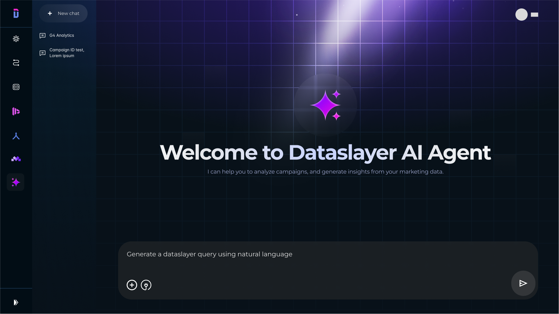 A screenshot of the Dataslayer AI interface, showcasing how marketers can interact with data using natural language queries to generate instant insights and reports.