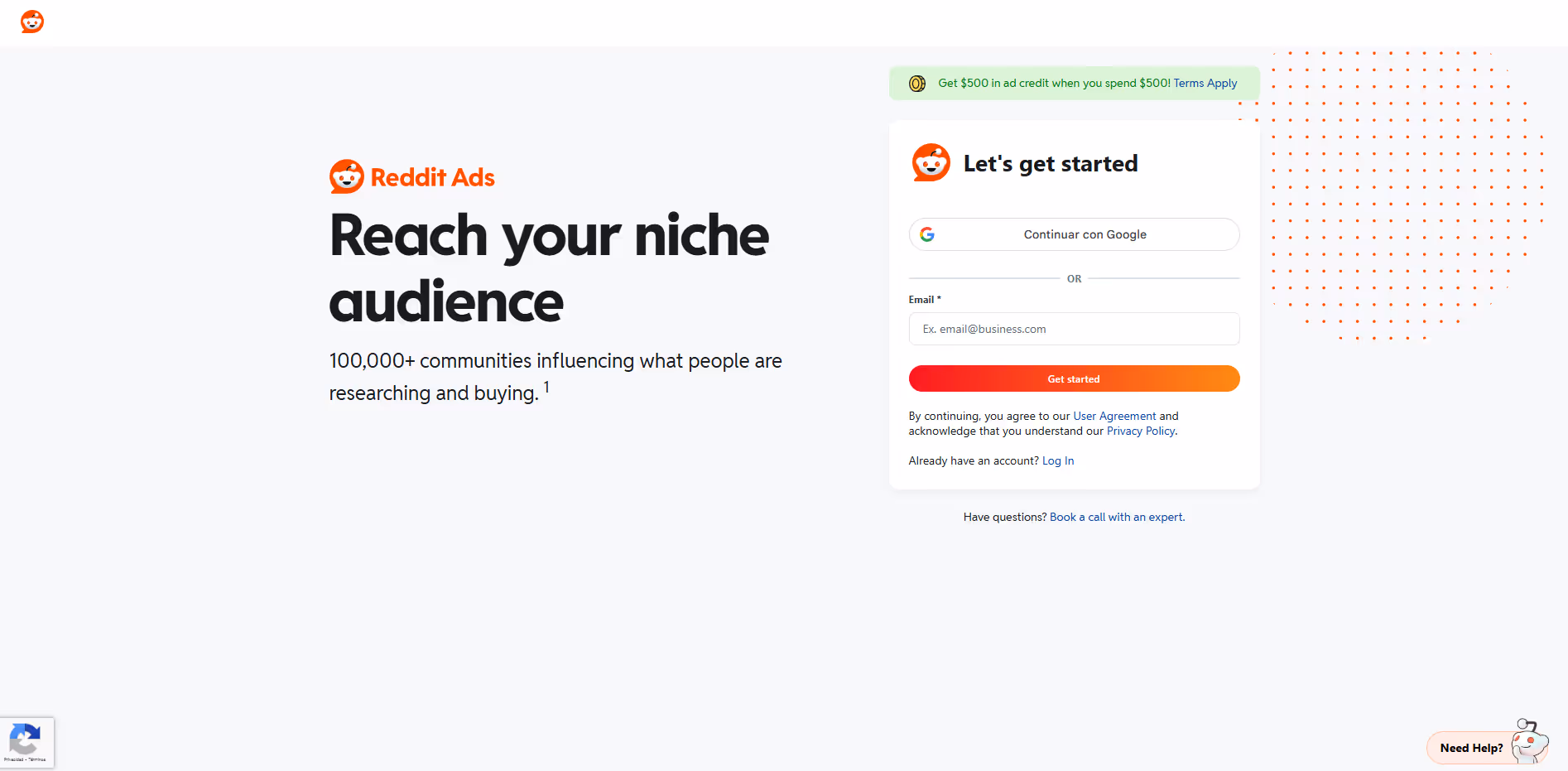 Reddit Ads platform sign-up page, inviting users to get started with their advertising campaigns.