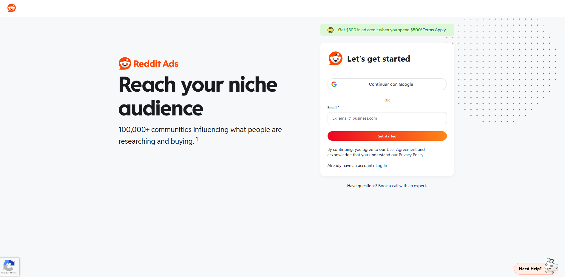 Reddit Ads platform sign-up page, inviting users to get started with their advertising campaigns.