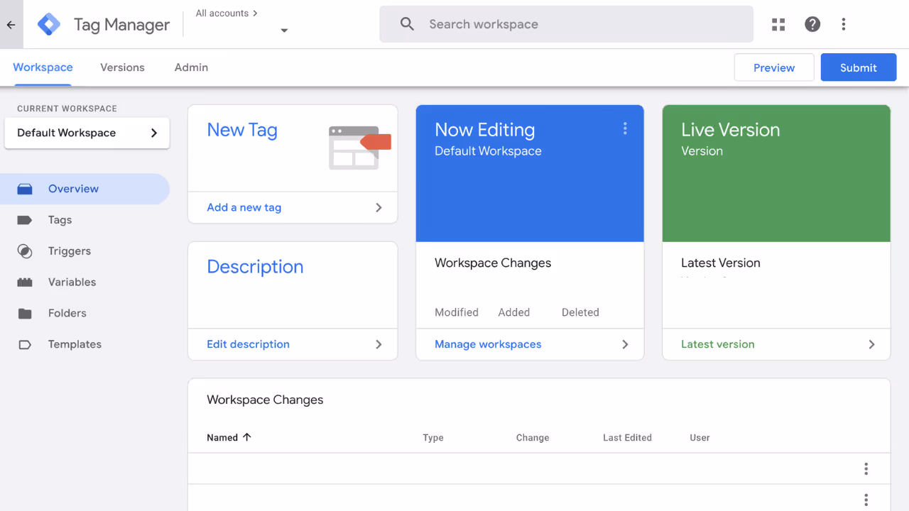 Google Tag Manager interface showing the default workspace with options for adding new tags, viewing workspace changes, and managing versions. This user-friendly dashboard helps marketing teams streamline tracking setups and manage analytics tags efficiently without code changes.