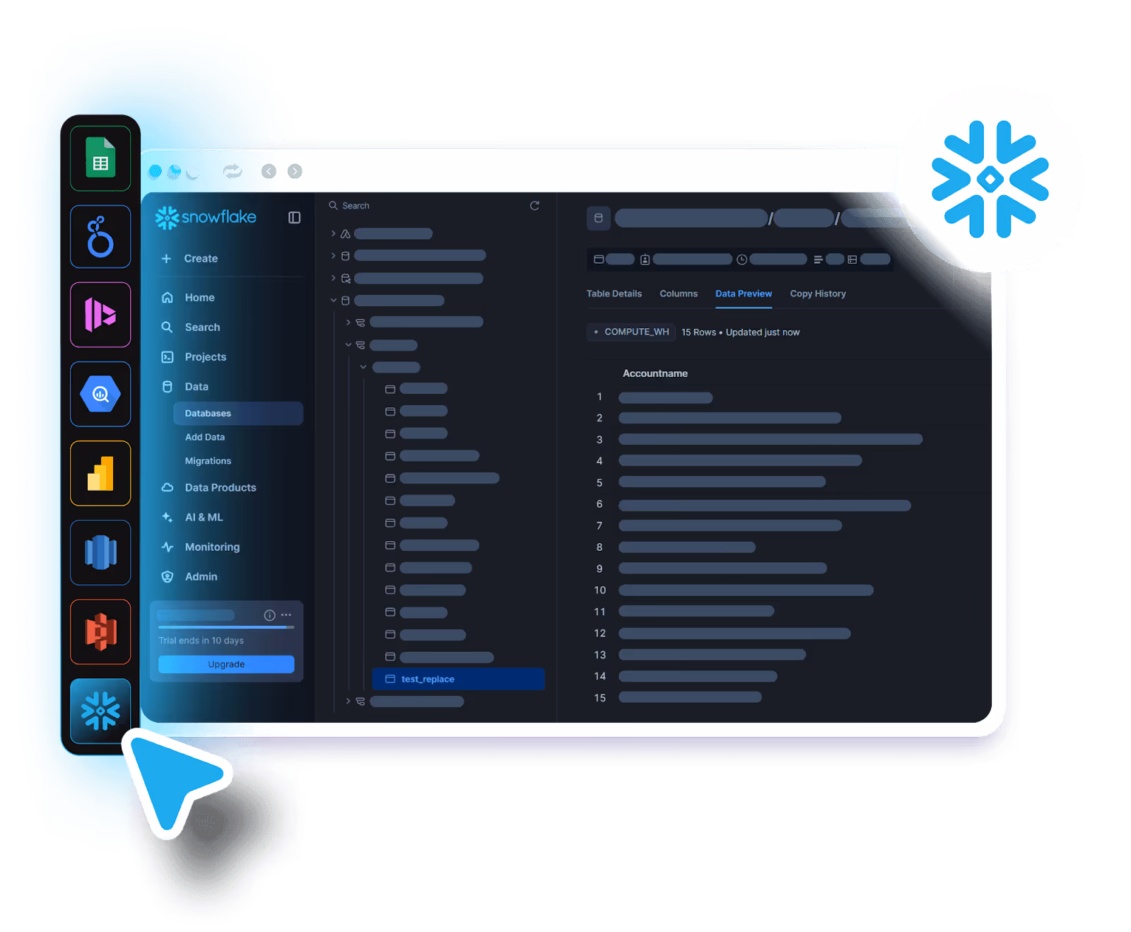 Snowflake's modern data platform interface showcasing a streamlined user experience for querying and managing data, with an emphasis on creating and exploring databases, projects, and data-related tasks in digital marketing analytics.