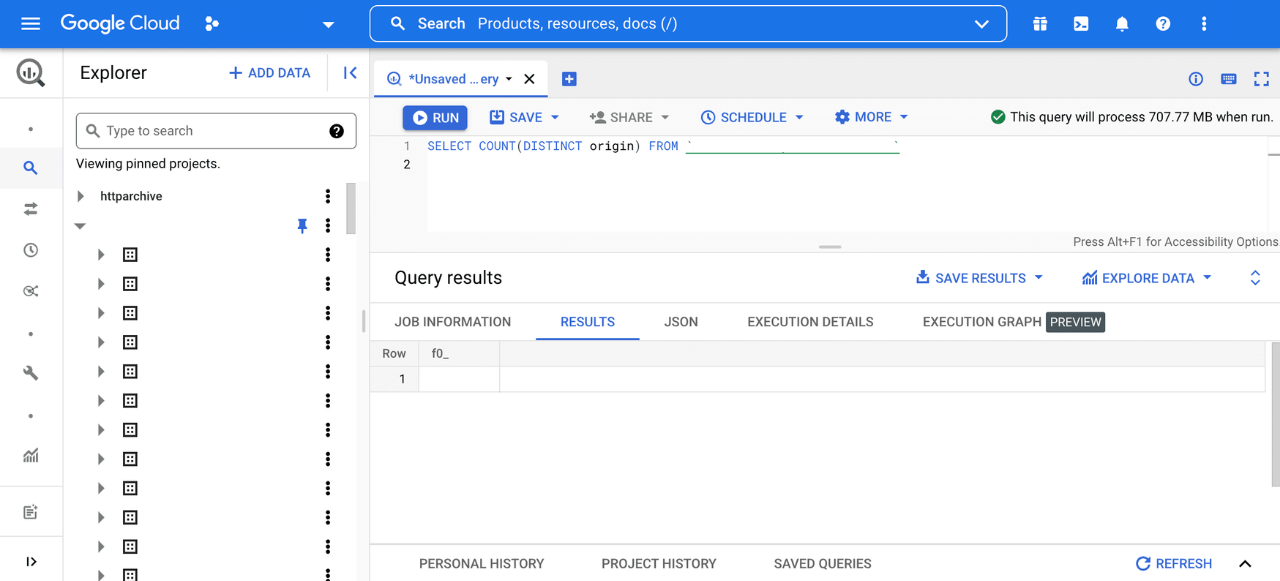 Google Cloud's BigQuery UI, displaying a SQL query environment where marketing teams can run complex queries to analyze large datasets, with the results providing insights into customer behavior and campaign performance.