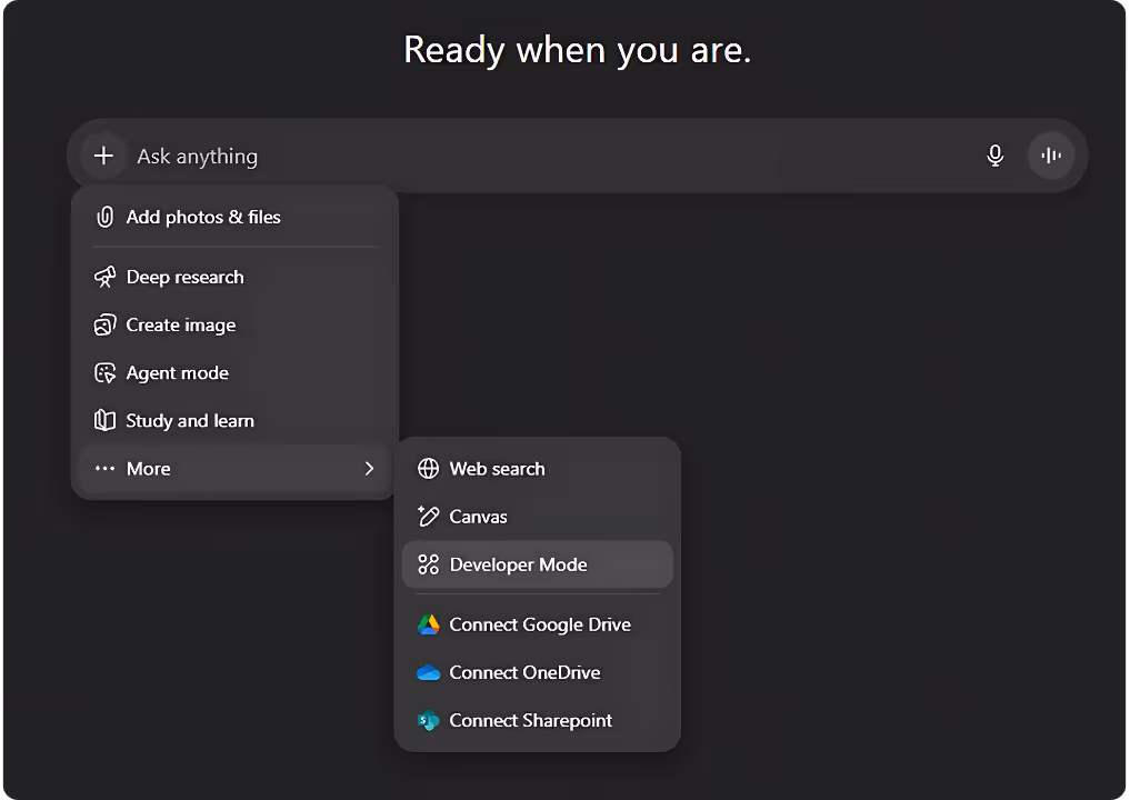 The ChatGPT interface, displaying a search bar and options for web search, developer mode, and connectors like Google Drive, with integration into MCP for advanced functionalities.