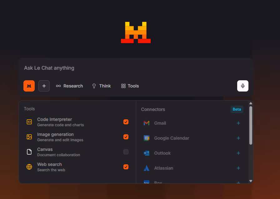 A screenshot of the Mistral interface showing tools like Code Interpreter, Image Generation, and Canvas available for MCP users. The screenshot highlights the availability of connectors like Gmail, Google Calendar, and others.