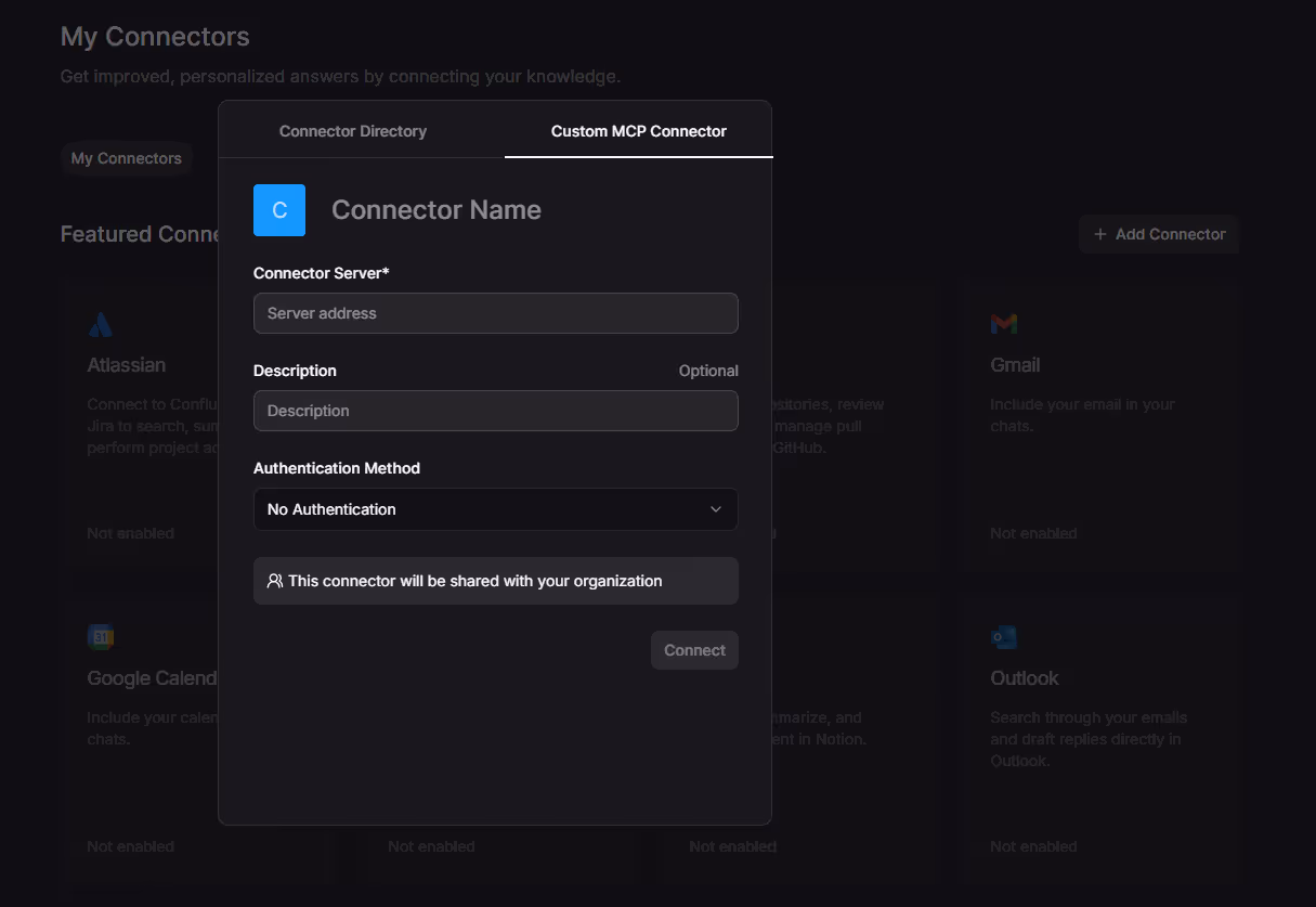 Screenshot of the Mistral LLM interface showing a prompt for adding a custom MCP connector. It includes fields to enter the connector name, server address, description, and authentication method.