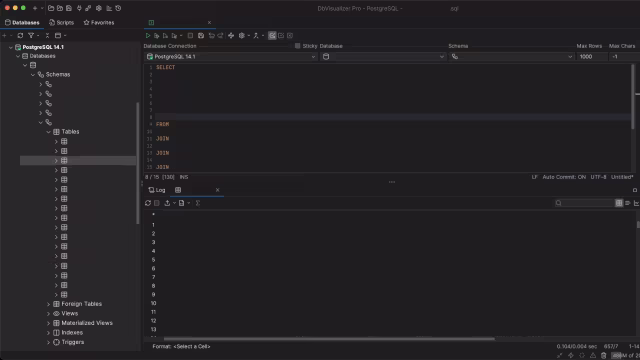 PostgreSQL interface displaying data tables loaded