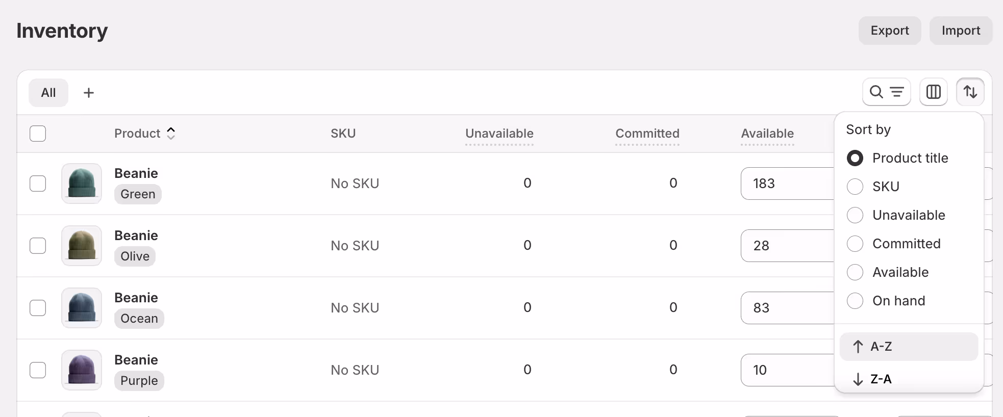 Shopify inventory management dashboard showing real-time product stock levels and sorting options