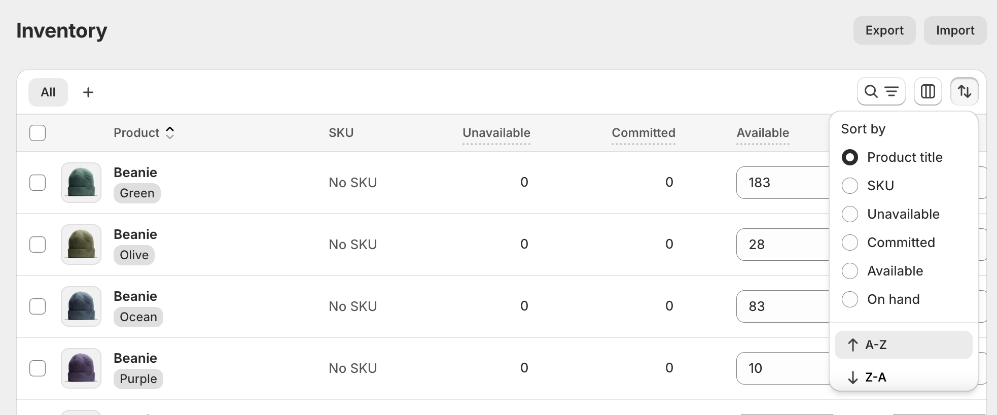 Shopify inventory management dashboard showing real-time product stock levels and sorting options