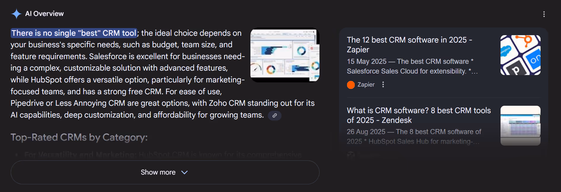 Example of Google AI Overview showing CRM software recommendations with cited sources from Zapier and Zendesk