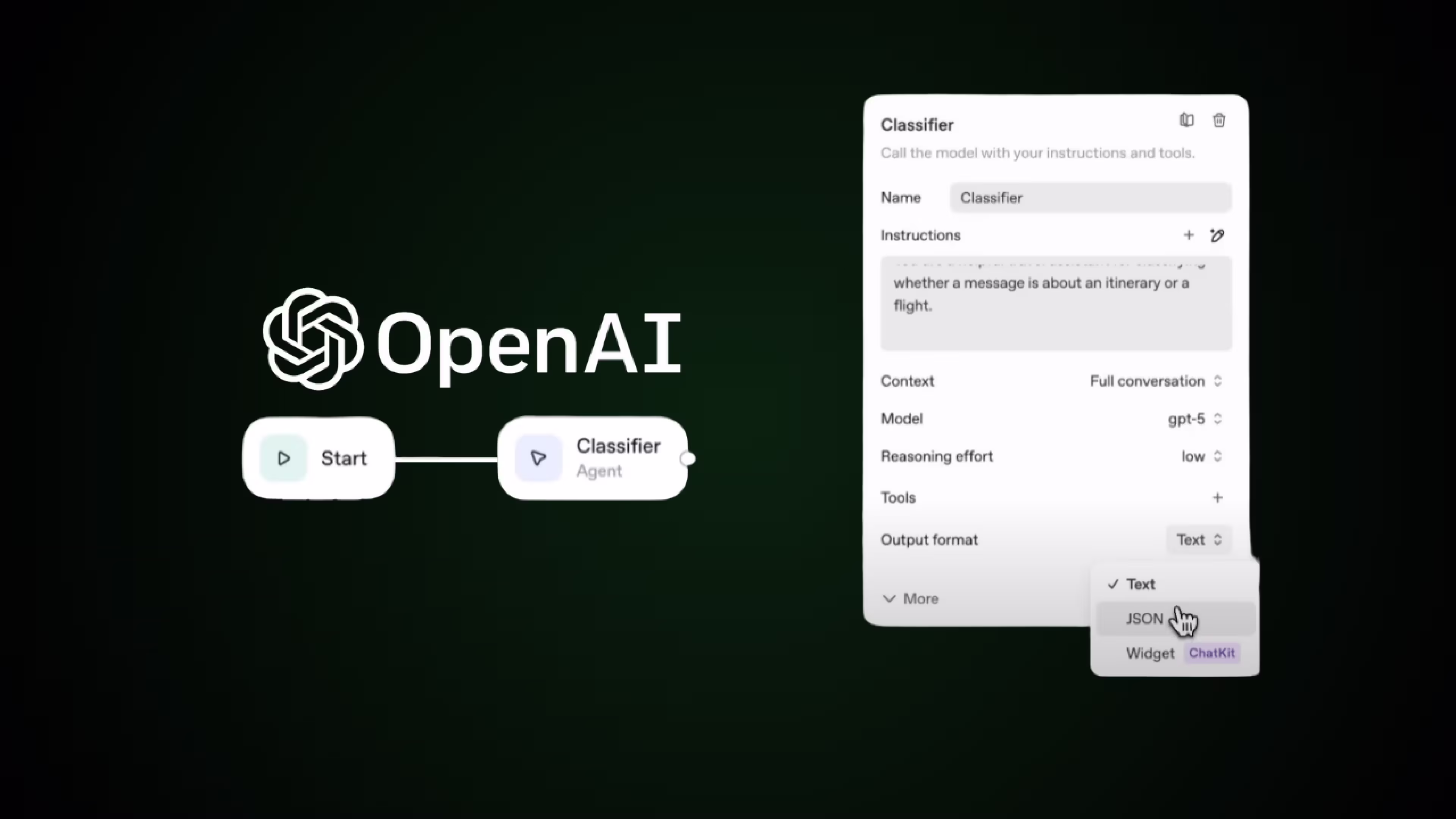 OpenAI Agent Builder interface showing visual workflow with Start and Classifier nodes connected, demonstrating the drag-and-drop canvas for building AI agent workflows