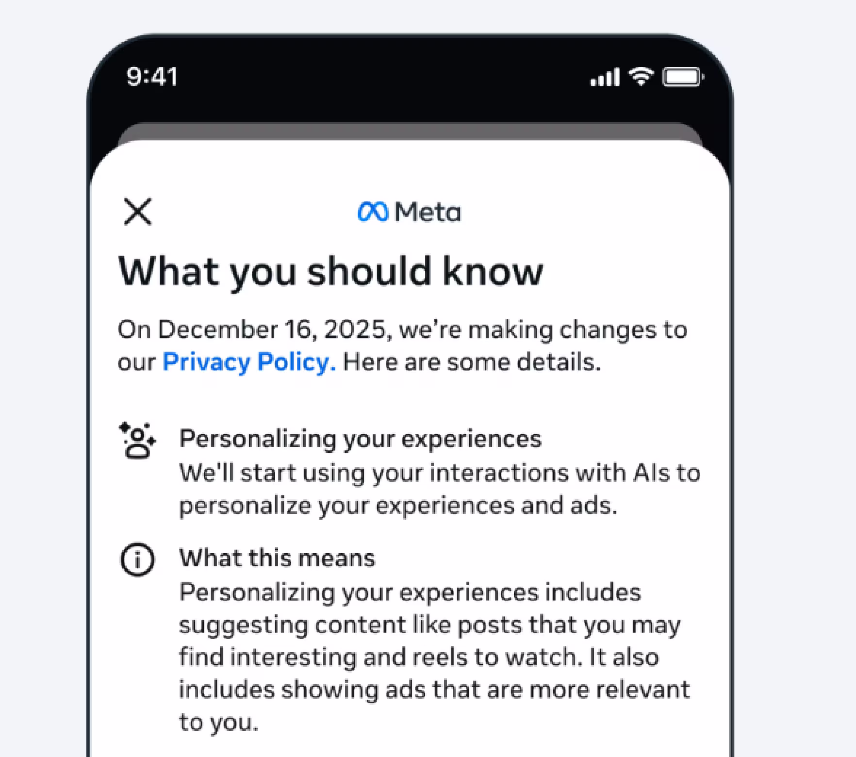 Notificación de actualización de política de privacidad de Meta del 16 de diciembre de 2025 explicando que las interacciones con IA personalizarán anuncios sin opción de exclusión