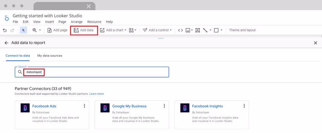 Dataslayer Facebook Ads connector configuration screen inside Looker Studio