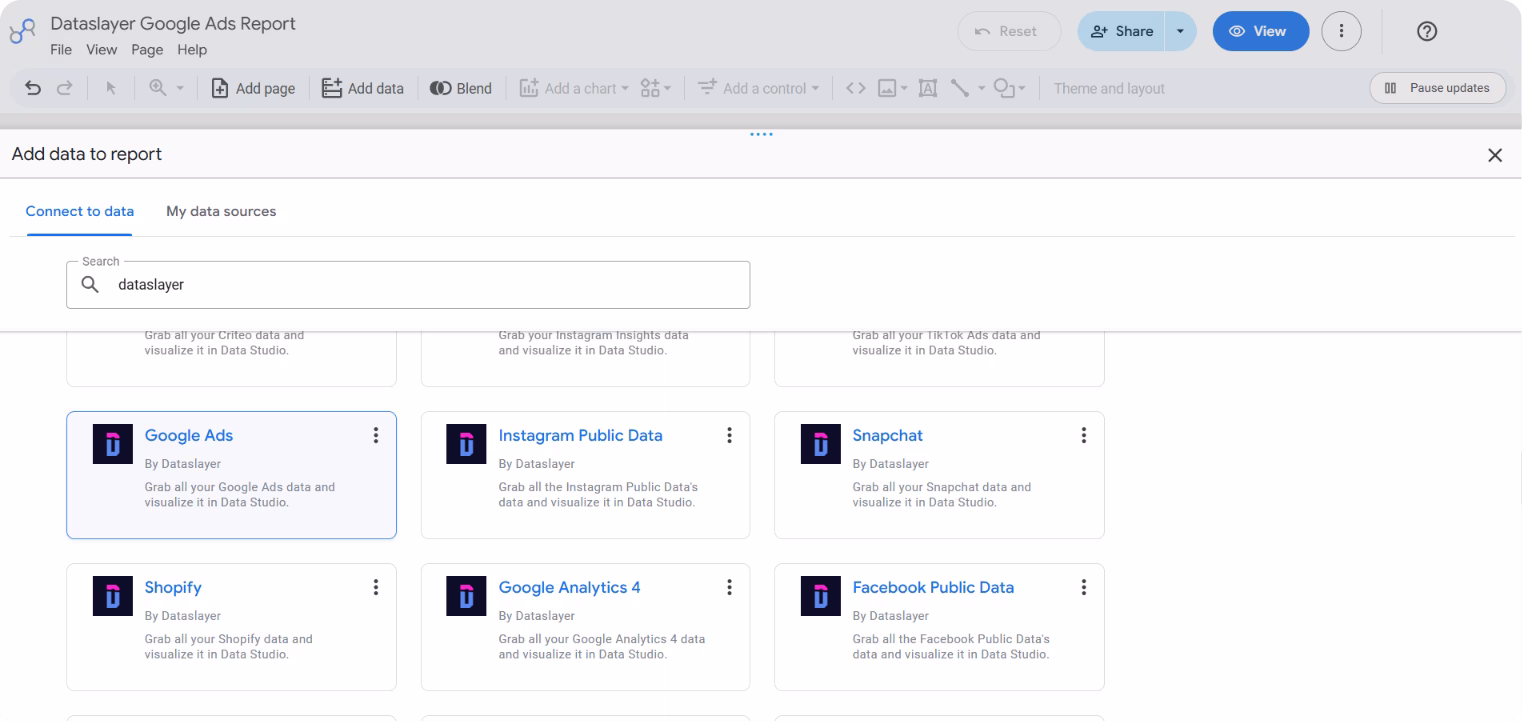 Dataslayer Google Ads connector configuration in Looker Studio