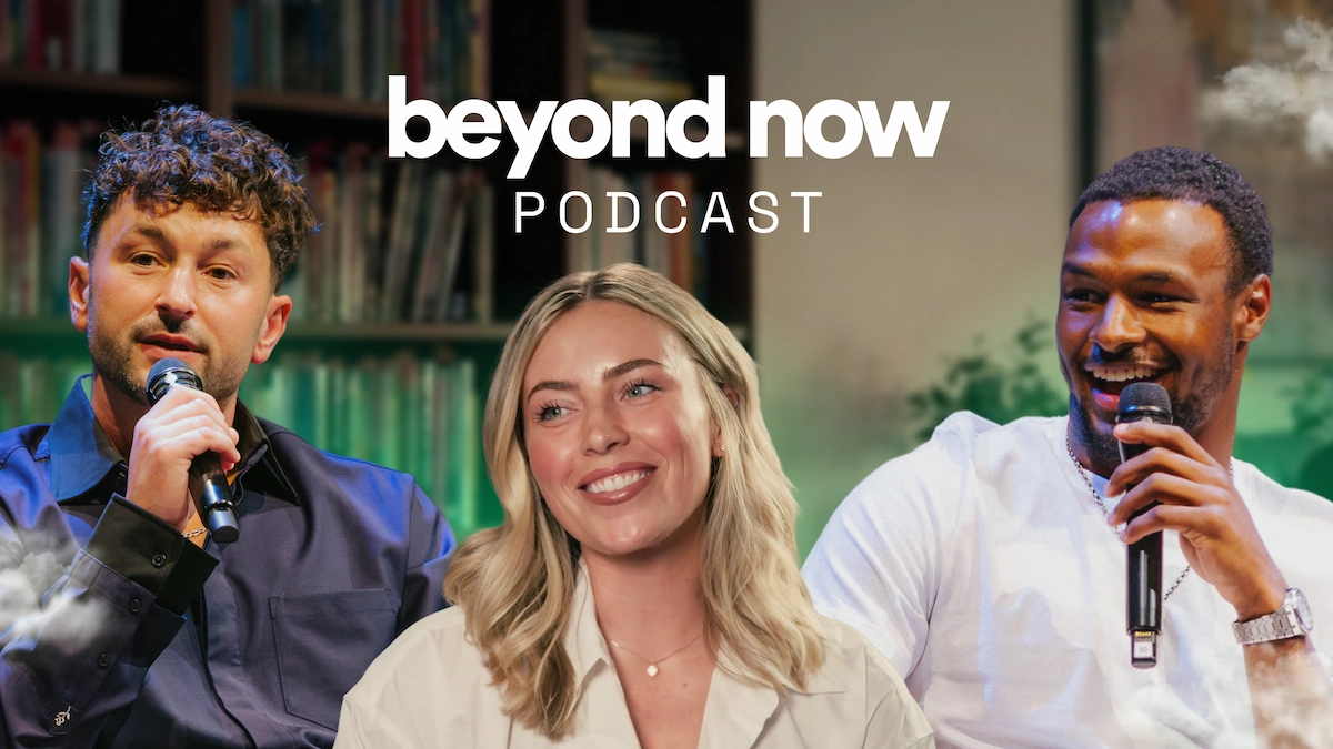 Three podcast hosts holding microphones under the title beyond now PODCAST with bookshelf background.