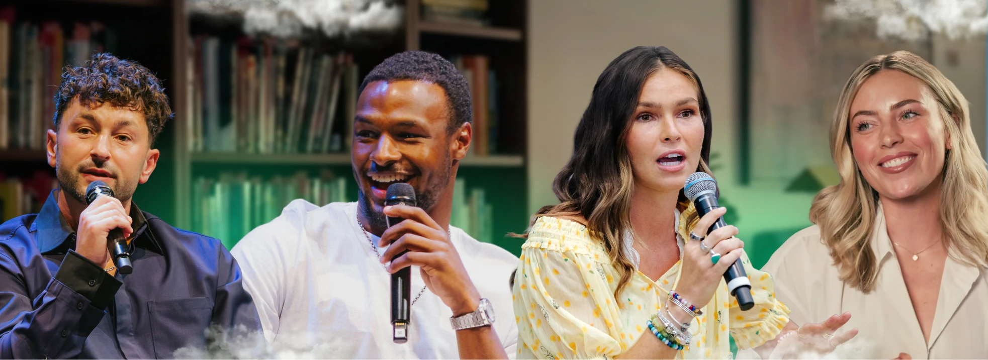 Four people speaking into microphones during a panel discussion or podcast recording.