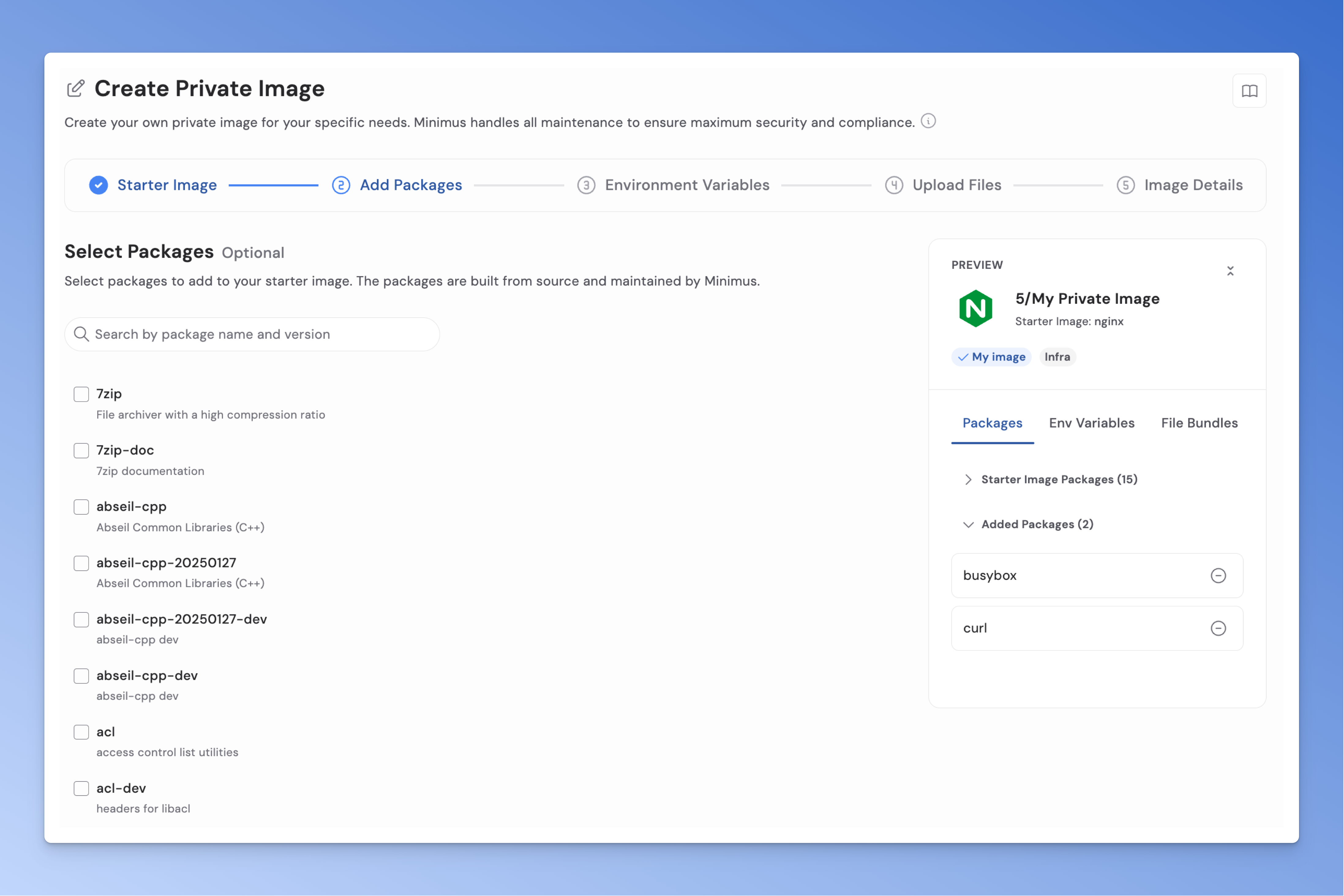 Web interface to create a private container image, showing the Add Packages step with package search and selection options on the left, and a preview pane on the right listing starter image and added packages.