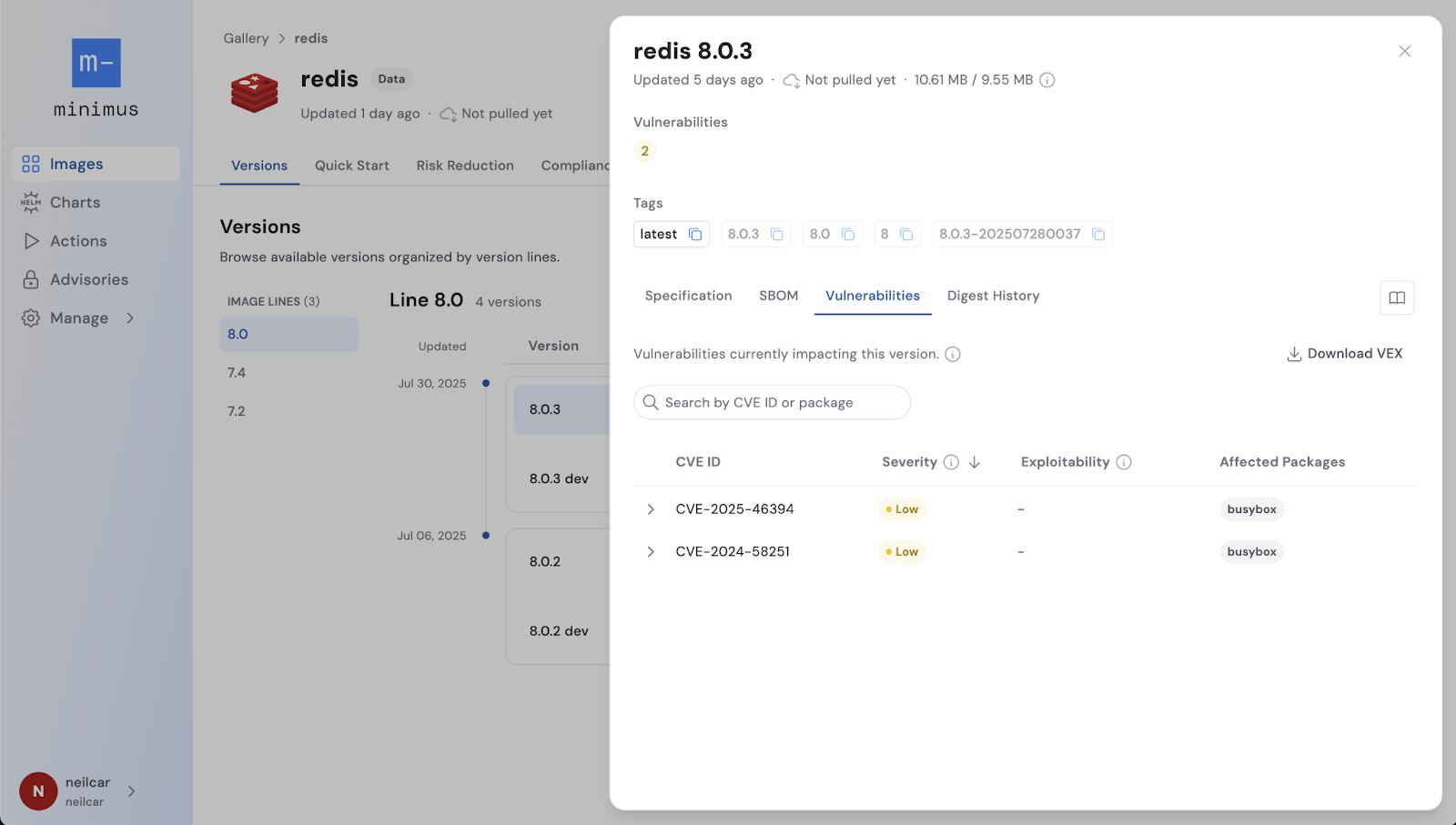 Vulnerability details of the redis:8.0.3 image are shown with a button to “Download VEX”.