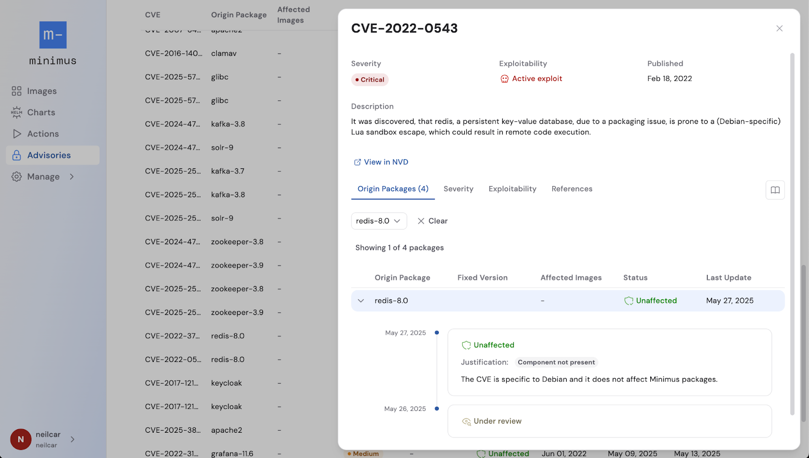 The Minimus console shows that CVE-2022-0543 does not apply to Minimus as it is a Debian-specific issue.