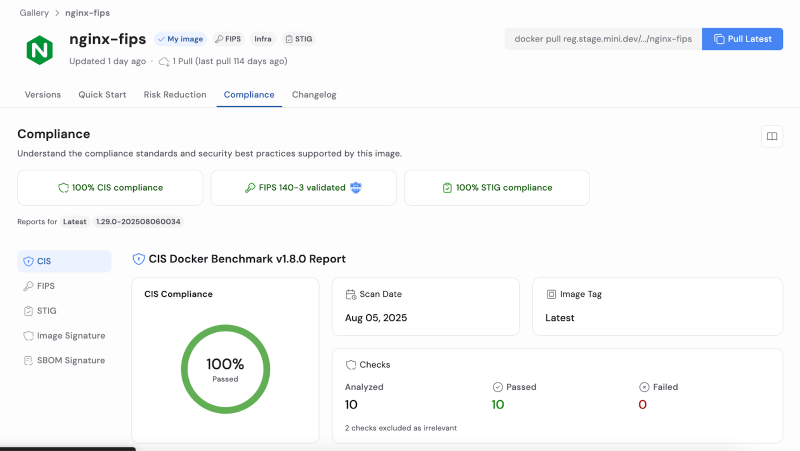 Minimus Dashboard showing a compliance report against CIS 1.8.0