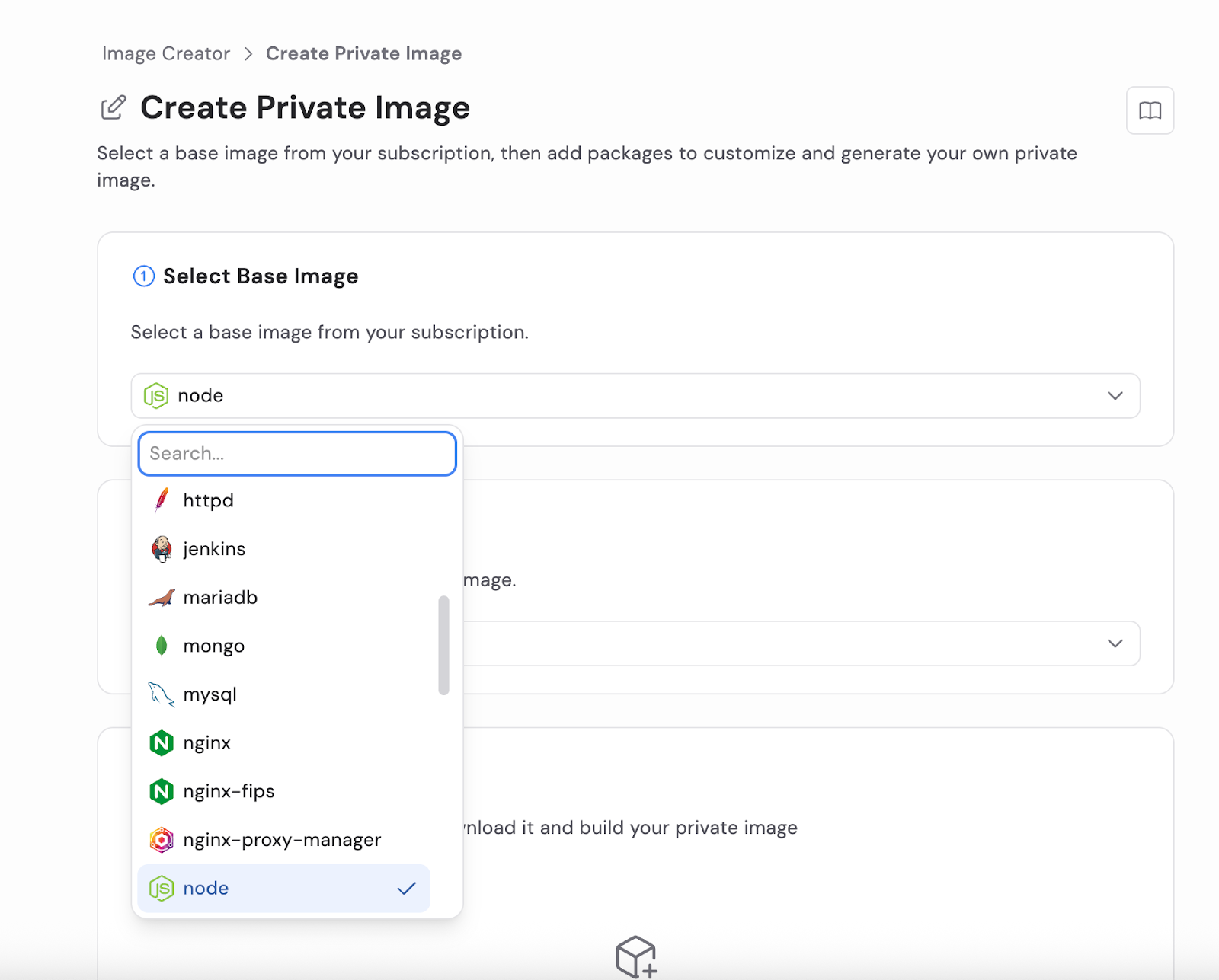 Minimus Image Creator interface with a dropdown menu for selecting a base image. Options include httpd, Jenkins, MariaDB, Mongo, MySQL, Nginx, Nginx-FIPS, and Node.
