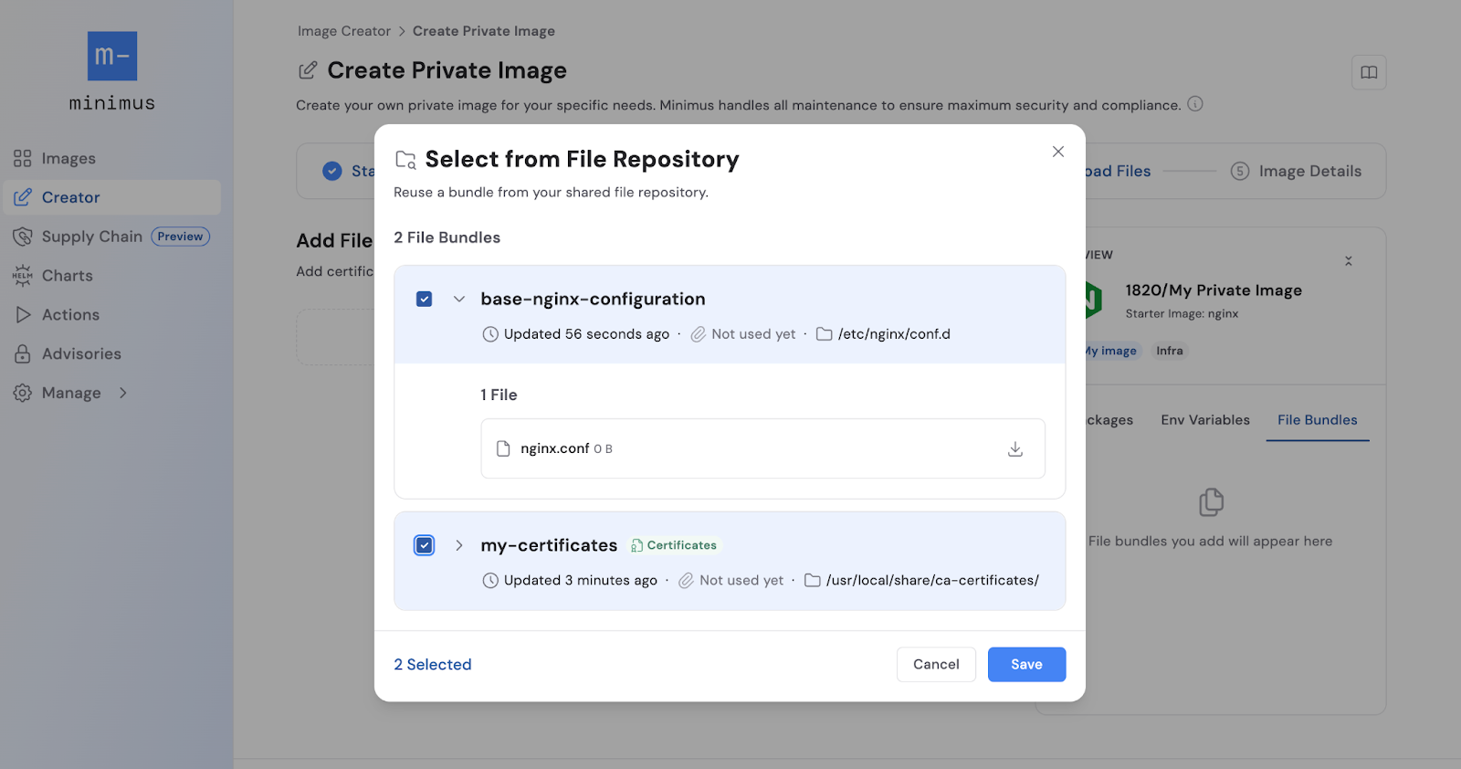 Minimus Image Creator showing the File Repository selection used to add an existing file bundle during the image creation process.