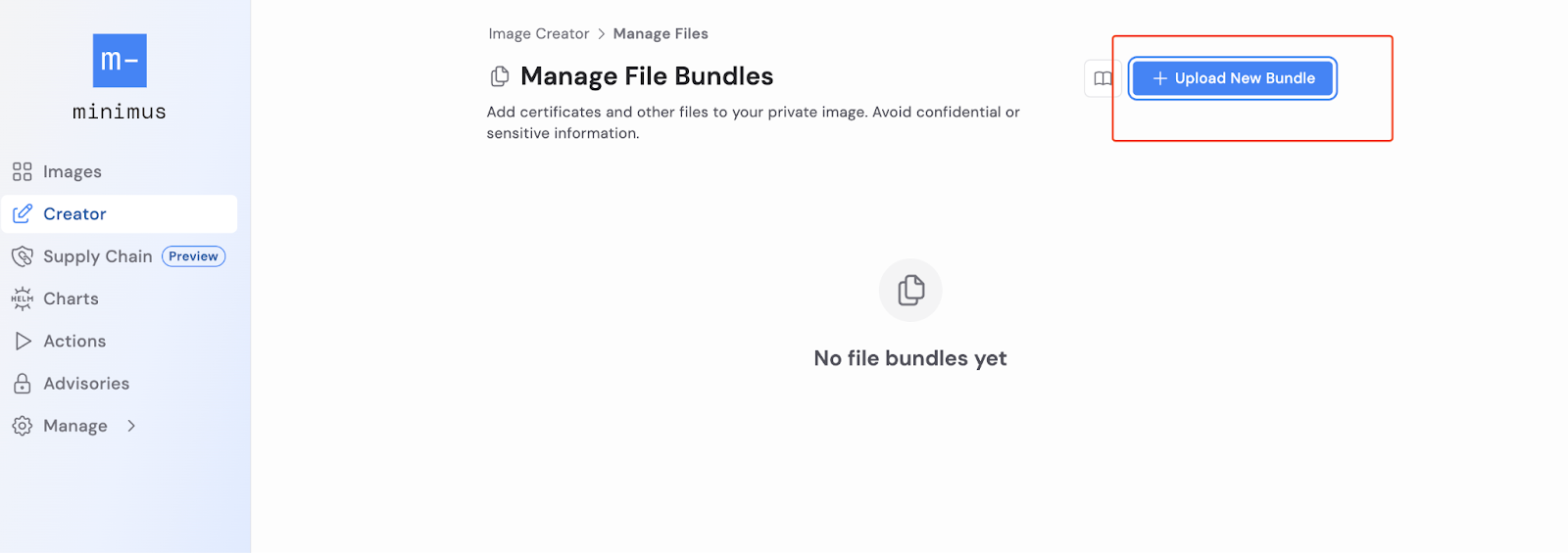 Minimus Image Creator interface showing the “Manage File Bundles” view used to create and manage reusable file bundles.